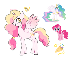 Size: 1226x1000 | Tagged: safe, artist:risswm, pinkie pie, princess celestia, oc, alicorn, earth pony, pony, g4, alicorn oc, female, glowing, glowing horn, horn, magical lesbian spawn, mare, offspring, parent:pinkie pie, parent:princess celestia, parents:pinkielestia, simple background, smiling, white background, wings