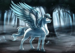 Size: 3500x2500 | Tagged: safe, artist:lupiarts, oc, oc only, oc:nordeis, pegasus, pony, commission, digital art, fog, foggy, forest, forest background, high res, illustration, solo, surprised, wings