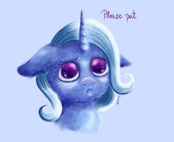 Size: 3719x3051 | Tagged: safe, artist:coco-drillo, trixie, pony, unicorn, g4, :c, blue background, blushing, bust, cheek fluff, chest fluff, cute, diatrixes, ear fluff, female, floppy ears, fluffy, frown, high res, looking at you, mare, pet request, pleading, pleading eyes, puppy dog eyes, simple background, solo, text