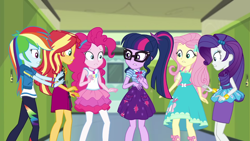 Size: 1920x1084 | Tagged: safe, screencap, fluttershy, pinkie pie, rainbow dash, rarity, sci-twi, sunset shimmer, twilight sparkle, equestria girls, equestria girls specials, g4, my little pony equestria girls: better together, my little pony equestria girls: holidays unwrapped, o come all ye squashful, rarity peplum dress