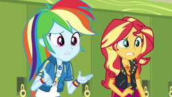 Size: 1920x1084 | Tagged: safe, screencap, rainbow dash, sunset shimmer, human, equestria girls, equestria girls specials, g4, my little pony equestria girls: better together, my little pony equestria girls: holidays unwrapped, o come all ye squashful, confused, duo, duo female, female, raised eyebrows