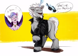 Size: 2048x1474 | Tagged: safe, artist:sallylla, alphabittle blossomforth, queen haven, pegasus, pony, unicorn, g5, my little pony: a new generation, 50s, bedroom eyes, clothes, dilf, female, flirting, greaser, jacket, leather jacket, levitation, lidded eyes, magic, male, mare, seductive, seductive look, seductive pose, sexy, ship:alphahaven, shipping, spread wings, stallion, straight, stupid sexy alphabittle, sunglasses, telekinesis, this will end in snu snu, wingboner, wings