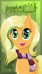 Size: 1836x3264 | Tagged: safe, artist:herusann, applejack, earth pony, pony, g4, :d, abstract background, alternate hairstyle, bust, clothes, eyelashes, female, mare, open mouth, open smile, scarf, smiling, solo