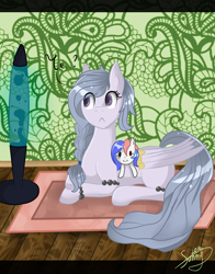 Size: 1836x2347 | Tagged: safe, artist:herusann, oc, oc only, pegasus, pony, eyelashes, female, frown, indoors, lava lamp, lying down, mare, pegasus oc, plushie, prone, signature, wings