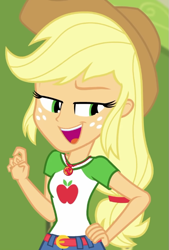 Size: 491x726 | Tagged: safe, screencap, applejack, equestria girls, equestria girls specials, g4, my little pony equestria girls: better together, my little pony equestria girls: holidays unwrapped, o come all ye squashful, applejack's hat, belt, breasts, bust, clothes, collar, cowboy hat, cropped, denim skirt, female, freckles, hair, hair tie, hat, lidded eyes, open mouth, open smile, palindrome get, ponytail, shirt, skirt, smiling, solo, teenager, teeth