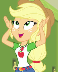 Size: 586x727 | Tagged: safe, screencap, applejack, equestria girls, equestria girls specials, g4, my little pony equestria girls: better together, my little pony equestria girls: holidays unwrapped, o come all ye squashful, cropped, cute, jackabetes, solo