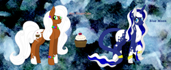 Size: 1929x790 | Tagged: safe, artist:madlilon2051, oc, oc only, earth pony, pony, unicorn, abstract background, chest fluff, cupcake, duo, earth pony oc, food, horn, unicorn oc