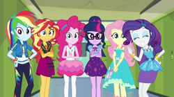 Size: 1920x1074 | Tagged: safe, screencap, fluttershy, pinkie pie, rainbow dash, rarity, sci-twi, sunset shimmer, twilight sparkle, equestria girls, equestria girls specials, g4, my little pony equestria girls: better together, my little pony equestria girls: holidays unwrapped, o come all ye squashful, rarity peplum dress