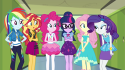 Size: 1920x1074 | Tagged: safe, screencap, fluttershy, pinkie pie, rainbow dash, rarity, sci-twi, sunset shimmer, twilight sparkle, equestria girls, equestria girls specials, g4, my little pony equestria girls: better together, my little pony equestria girls: holidays unwrapped, o come all ye squashful, rarity peplum dress