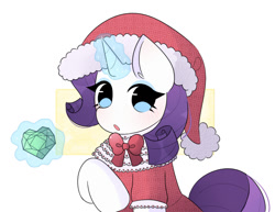 Size: 737x570 | Tagged: safe, artist:arwencuack, rarity, pony, unicorn, g4, christmas, clothes, commission, cute, dress, gem, hat, holiday, magic, solo
