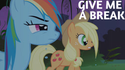 Size: 1280x720 | Tagged: safe, edit, edited screencap, editor:quoterific, screencap, applejack, rainbow dash, earth pony, pegasus, pony, friendship is magic, g4, season 1, applejack's hat, cowboy hat, duo, duo female, female, hat, mare, night, wet, wet mane, wet mane applejack, wet mane rainbow dash