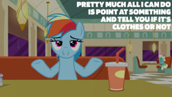 Size: 1280x720 | Tagged: safe, edit, edited screencap, editor:quoterific, screencap, honey curls, mare e. lynn, rainbow dash, pegasus, pony, g4, season 6, the saddle row review, booth, diner, female, mare, smiling, solo focus