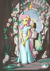 Size: 955x1351 | Tagged: safe, artist:mysticalpha, fluttershy, pegasus, anthro, g4, clothes, dress, female, ruins, solo