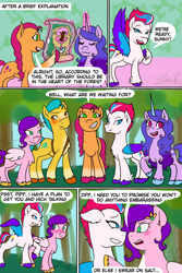 Size: 640x960 | Tagged: safe, artist:hitchpippetals, hitch trailblazer, izzy moonbow, pipp petals, sunny starscout, zipp storm, earth pony, pegasus, pony, unicorn, comic:bridlewood library, g5, my little pony: a new generation, blushing, chest fluff, comic, eyes closed, flying, glowing, glowing horn, horn, implied hitchpipp, mane five (g5), one eye closed, speech bubble