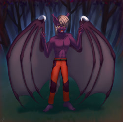 Size: 1280x1271 | Tagged: safe, artist:tigra0118, oc, oc only, bat pony, vampire, anthro, canines, commission, dark forest, digital art, halloween, holiday, male, solo, torso, ych result
