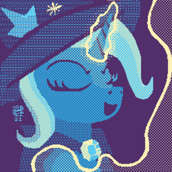 Size: 1280x1280 | Tagged: safe, artist:boxwari, trixie, pony, unicorn, g4, cape, clothes, dithering, eyelashes, eyes closed, female, hat, magic, mare, open mouth, solo, trixie's cape, trixie's hat