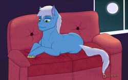 Size: 7480x4664 | Tagged: safe, artist:discbreaker100, oc, oc only, earth pony, pony, absurd file size, absurd resolution, couch, earth pony oc, lying down, male, moon, night, prone, solo, stallion, thinking, window