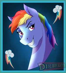 Size: 1560x1717 | Tagged: safe, artist:discbreaker100, rainbow dash, pegasus, pony, g4, bust, grin, smiling, solo, watermark