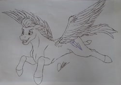 Size: 1525x1079 | Tagged: safe, artist:discbreaker100, zipp storm, pegasus, pony, g5, my little pony: a new generation, monochrome, sketch, solo, spread wings, traditional art, wings