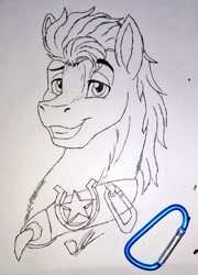 Size: 736x1024 | Tagged: safe, artist:discbreaker100, hitch trailblazer, earth pony, pony, g5, my little pony: a new generation, bust, carabiner, male, monochrome, sketch, solo, stallion, traditional art