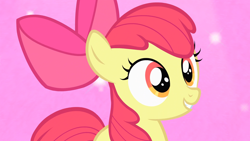 Size: 1920x1080 | Tagged: safe, screencap, apple bloom, earth pony, pony, g4, somepony to watch over me, apple bloom's bow, bow, female, filly, hair bow, orange eyes, red mane, red tail, smiling, solo, tail