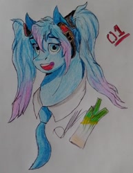 Size: 1080x1399 | Tagged: safe, alternate version, artist:discbreaker100, kotobukiya, pony, anime, colored, female, hatsune miku, kotobukiya hatsune miku pony, mare, ponified, sketch, solo, traditional art, vocaloid