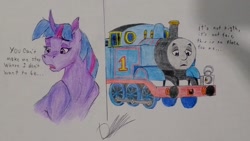 Size: 1024x577 | Tagged: safe, artist:discbreaker100, twilight sparkle, pony, g4, crack shipping, crossover, crossover shipping, shipping, thomas the tank engine, traditional art, train, twitom