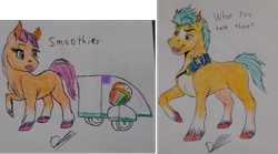 Size: 1847x1024 | Tagged: safe, artist:discbreaker100, hitch trailblazer, sunny starscout, earth pony, pony, g5, my little pony: a new generation, cart, duo, female, male, mare, raised hoof, smoothie, stallion, traditional art