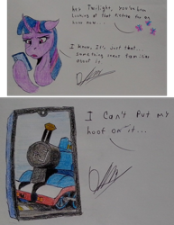 Size: 1116x1442 | Tagged: safe, artist:discbreaker100, twilight sparkle, pony, g4, cellphone, crossover, crossover shipping, dialogue, implied fluttershy, implied twitom, phone, shipping, smartphone, thomas the tank engine, traditional art, train, twitom