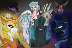 Size: 540x360 | Tagged: safe, artist:alliddeart, cozy glow, daybreaker, discord, king sombra, lord tirek, nightmare moon, queen chrysalis, starlight glimmer, alicorn, centaur, changeling, changeling queen, draconequus, pony, unicorn, taur, g4, antagonist, aura, fangs, female, filly, glowing, glowing horn, grin, horn, looking at you, magic, male, s5 starlight, smiling, villainess, villains of equestria