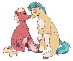 Size: 3200x2700 | Tagged: safe, artist:monnarcha, hitch trailblazer, sprout cloverleaf, earth pony, pony, g5, my little pony: a new generation, bedroom eyes, blushing, boop, commission, gay, high res, looking at each other, male, markings, noseboop, nuzzling, raised hoof, raised leg, ship:clovertrail, shipping, simple background, sitting, stallion, transparent background, unshorn fetlocks