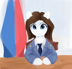 Size: 1305x1245 | Tagged: safe, artist:some_ponu, earth pony, pony, clothes, female, meme, natalia poklonskaya, ponified, russia, russian flag, solo, suit, upright