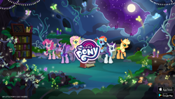 Size: 2560x1440 | Tagged: safe, gameloft, applejack, fluttershy, pinkie pie, rainbow dash, rarity, twilight sparkle, butterfly, changedling, changeling, pony, g4, my little pony: magic princess, appleling, book, bookshelf, candle, changedlingified, changeling mane six, changelingified, dashling, female, flutterling, full moon, mane six, mare, moon, mushroom, my little pony logo, night, pinkling, rariling, species swap, text, twiling, video game, watermark, youtube banner