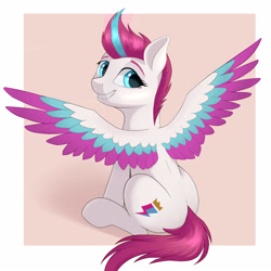 Size: 3543x3543 | Tagged: safe, artist:qwq2233, zipp storm, pegasus, pony, g5, my little pony: a new generation, spoiler:my little pony: a new generation, adorazipp, colored wings, cute, eyelashes, female, high res, looking at you, looking back, looking back at you, mare, multicolored wings, out of frame, rear view, sitting, smiling, smiling at you, solo, spread wings, wings