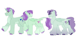 Size: 1280x640 | Tagged: safe, artist:itstechtock, violet twirl, oc, oc only, oc:mistflower, oc:soaring virtue, oc:spray away, pegasus, pony, unicorn, female, friendship student, male, mare, offspring, parent:ivy vine, parent:november rain, parents:novembervine, simple background, stallion, white background