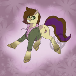 Size: 2032x2033 | Tagged: safe, artist:lyuwill, oc, oc only, oc:cj vampire, earth pony, pony, bomber jacket, brown mane, brown tail, clothes, cutie mark, ears forward, ears up, fanart, glasses, green eyes, happy, high res, hoodie, hooves, jacket, jumping, looking at you, looking back, looking back at you, photo, purple hoodie, purple tail highlight, solo, tail, unshorn fetlocks