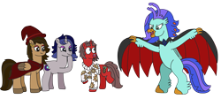 Size: 3881x1731 | Tagged: safe, artist:supahdonarudo, oc, oc only, oc:hazelnut brew, oc:ironyoshi, oc:moonlit silver, oc:sea lilly, classical hippogriff, hippogriff, pegasus, pony, unicorn, vampire, cape, clothes, costume, fangs, halloween, hat, holiday, scared, simple background, sweater, transparent background, vampire costume, witch, witch hat
