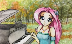 Size: 975x603 | Tagged: safe, artist:astevenamedwolf, fluttershy, equestria girls, g4, autumn, female, forest, musical instrument, piano, solo, traditional art, tree