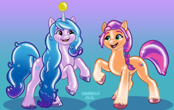 Size: 1640x1035 | Tagged: safe, artist:hornbuckle, izzy moonbow, sunny starscout, earth pony, latex pony, original species, pony, rubber pony, unicorn, g5, my little pony: a new generation, ball, female, gradient background, horn, hornball, izzy's tennis ball, latex, looking at each other, mare, mid-transformation, open mouth, open smile, rubber, shiny, signature, simple background, smiling, tennis ball, that pony sure does love tennis balls, transformation, unshorn fetlocks