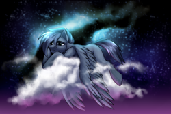 Size: 3000x2000 | Tagged: safe, artist:not-ordinary-pony, derpibooru exclusive, oc, oc only, oc:night flash, pegasus, pony, cloud, female, high res, lying down, lying on a cloud, mare, night, night sky, on a cloud, sad, sky, solo, tired