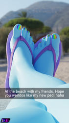 Size: 2160x3840 | Tagged: safe, artist:shadowboltsfm, rainbow dash, anthro, plantigrade anthro, g4, 3d, 4k, beach, blender, crossed legs, feet, fetish, flip-flops, foot fetish, foot focus, high res, legs, nail polish, not sfm, pictures of legs, sandals, snapchat, toenail polish, toes