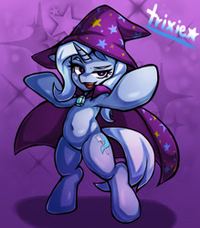 Size: 1157x1323 | Tagged: safe, artist:kyouman1010, trixie, pony, unicorn, g4, abstract background, belly button, bipedal, cape, clothes, cute, cutie mark, diatrixes, eyelashes, female, hat, horn, mare, solo, stars, text, trixie's cape, trixie's hat