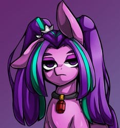 Size: 1240x1323 | Tagged: safe, artist:kyouman1010, aria blaze, earth pony, pony, g4, abstract background, big ears, cute, disguise, disguised siren, earth pony aria blaze, equestria girls ponified, female, gem, jewelry, lidded eyes, looking at you, mare, one ear down, pendant, pigtails, ponified, purple background, simple background, siren gem, solo, unamused