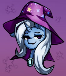 Size: 1543x1764 | Tagged: safe, artist:kyouman1010, trixie, pony, unicorn, g4, abstract background, bust, cape, clothes, cute, diatrixes, eyelashes, female, hat, horn, mare, smug, stars, trixie's cape, trixie's hat
