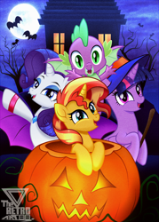 Size: 1440x2008 | Tagged: safe, artist:theretroart88, rarity, spike, sunset shimmer, twilight sparkle, alicorn, dragon, pony, unicorn, g4, bipedal, clothes, costume, cute, female, halloween, halloween costume, holiday, jack-o-lantern, male, open mouth, pumpkin, shimmerbetes, twilight sparkle (alicorn), winged spike, wings