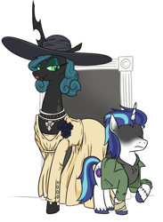 Size: 947x1295 | Tagged: safe, artist:jargon scott, queen chrysalis, shining armor, changeling, changeling queen, pony, unicorn, g4, bandage, bandaged leg, clothes, costume, doorway, dress, ethan winters, female, frown, halloween, halloween costume, hat, hidden eyes, holiday, infidelity, jacket, jewelry, lady dimitrescu, lipstick, male, necklace, raised hoof, resident evil 8, ship:shining chrysalis, shipping, smiling, stallion, stitches, straight, unshorn fetlocks