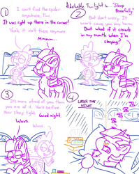 Size: 4779x6013 | Tagged: safe, artist:adorkabletwilightandfriends, spike, twilight sparkle, alicorn, dragon, pony, spider, comic:adorkable twilight and friends, g4, adorkable, adorkable twilight, arachnophobia, bed, bedroom, blanket, calm, calm down, clock, comic, cute, dork, family, female, horror, humor, love, male, mare, nervous, open mouth, pillow, scared, sheet, sleeping, slice of life, sweat, this will not end well, tissue, tissue box, twilight sparkle (alicorn), wuvs