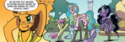 Size: 1316x447 | Tagged: safe, artist:pencils, idw, cheese sandwich, earth pony, pony, g4, season 10, spoiler:comic, spoiler:comic94, background pony, bipedal, clothes, costume, fake cutie mark, unnamed character, unnamed pony