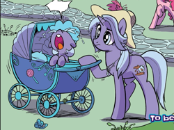 Size: 1029x768 | Tagged: safe, artist:pencils, idw, earth pony, pony, unicorn, g4, season 10, spoiler:comic, spoiler:comic94, baby, baby carriage, baby pony, background pony, crying, duo focus, female, foal, hat, mother and child, name suggestion in the comments, outdoors, pram, unnamed character, unnamed pony