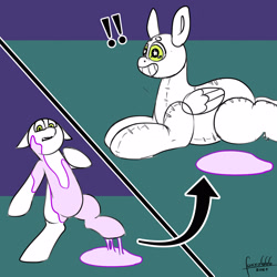 Size: 3000x3000 | Tagged: safe, artist:foxxo666, oc, oc only, inflatable pony, pooltoy pony, comic, commission, exclamation point, floppy ears, forced smile, grin, high res, inanimate tf, inflatable, liquid latex, lying down, pool toy, prone, shocked, smiling, standing, standing on one leg, starry eyes, transformation, wingding eyes, ych example, your character here